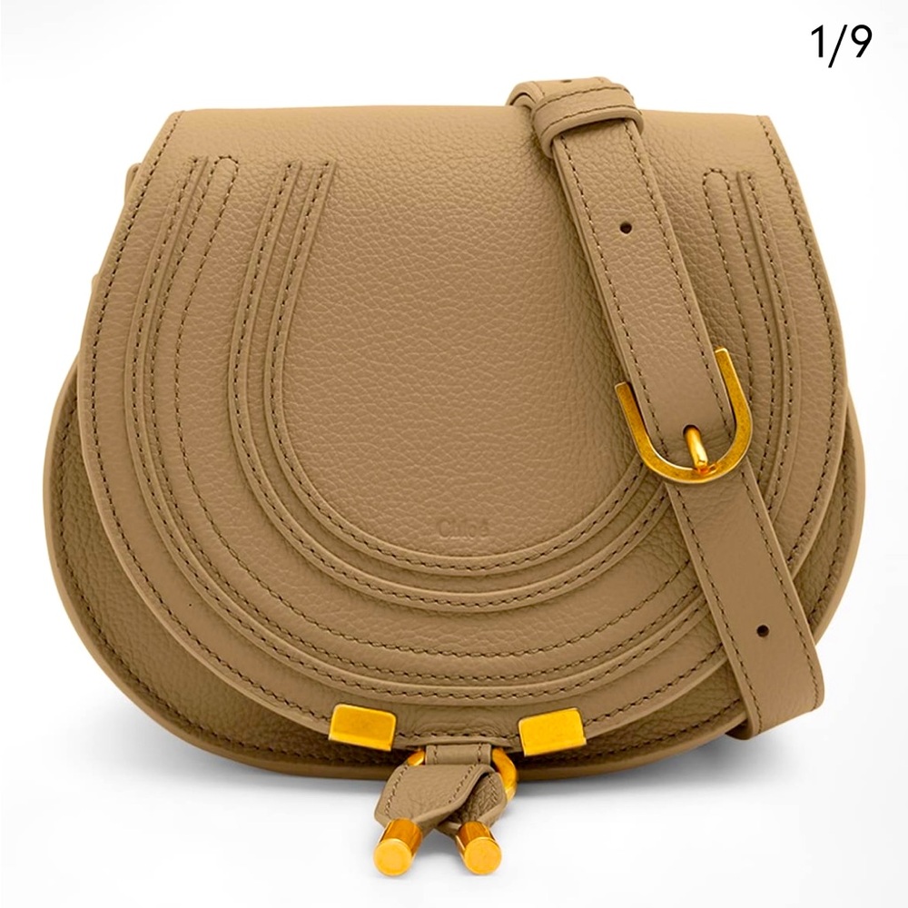 Chloe Marcie Small  Crossbody Saddle Bag with Adjustable Strap medium tan color.